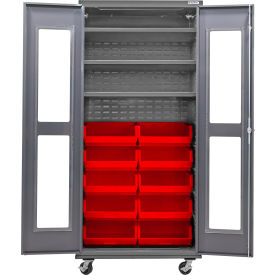 Clear-View Configurable Mobile Bin Cabinet, 36x24x85, 3 Shelves, 12 Red Bins