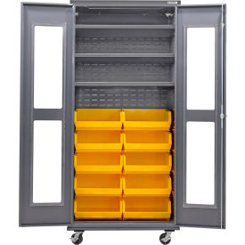 Clear-View Configurable Mobile Bin Cabinet, 36x24x85, 3 Shelves, 12 Yellow Bins