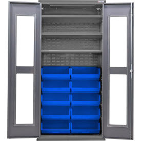 Clear-View Configurable Bin Cabinet, 36"Wx24"Dx78"H, 3 Shelves, 12 Blue Bins