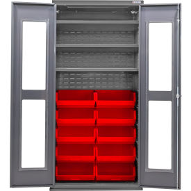 Clear-View Configurable Bin Cabinet, 36"Wx24"Dx78"H, 3 Shelves, 12 Red Bins