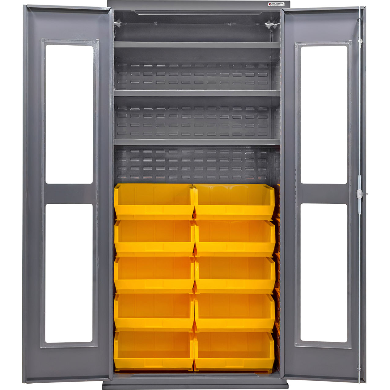 Clear-View Configurable Bin Cabinet, 36"Wx24"Dx78"H, 3 Shelves, 12 Yellow Bins