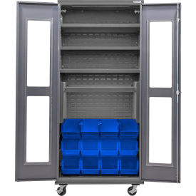 Clear-View Configurable Mobile Bin Cabinet, 36"x24"x85", 4 Shelves, 12 Blue Bins