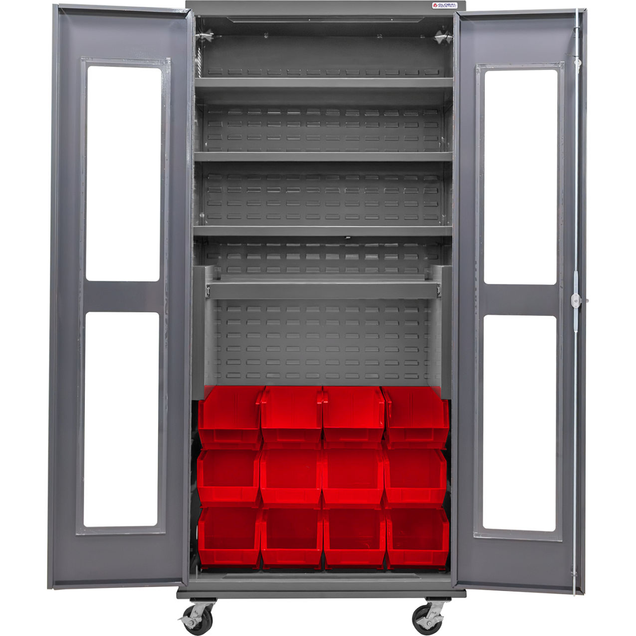 Clear-View Configurable Mobile Bin Cabinet, 36"x24"x85", 4 Shelves, 12 Red Bins