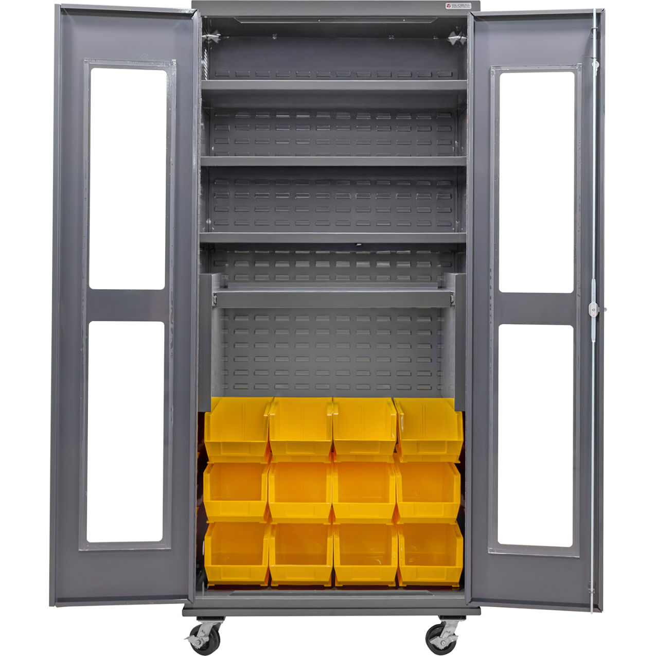 Clear-View Configurable Mobile Bin Cabinet, 36"x24"x85", 4 Shelves, 12 YLW Bins