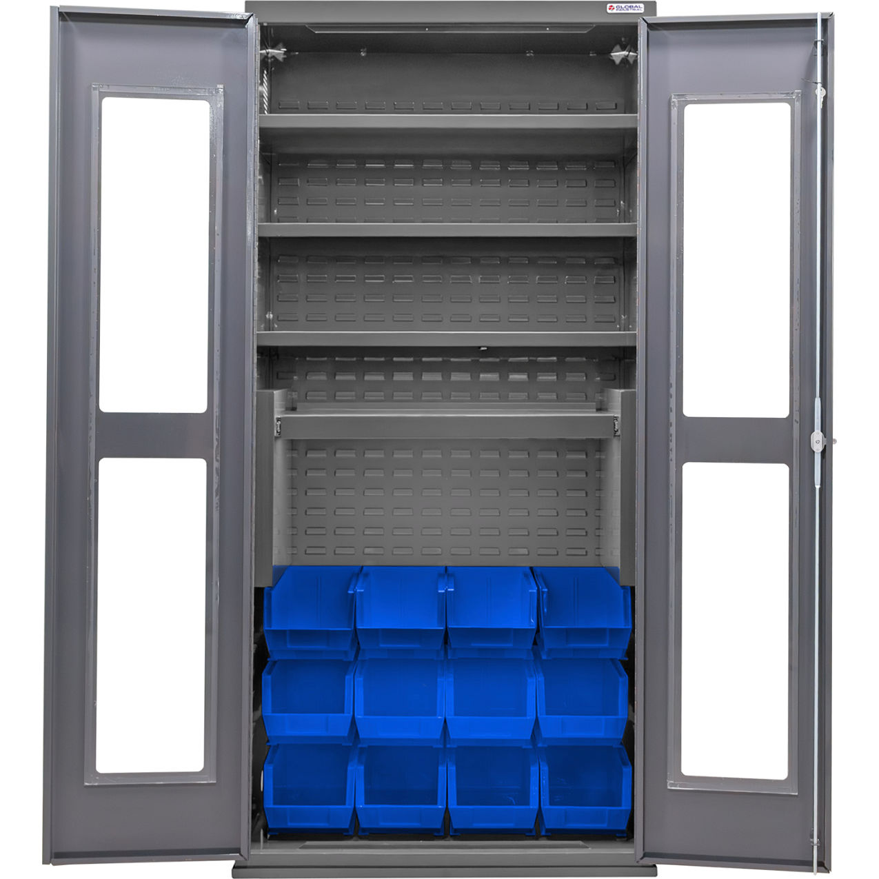 Clear-View Configurable Bin Cabinet, 36"Wx24"Dx78"H, 4 Shelves, 12 Blue Bins