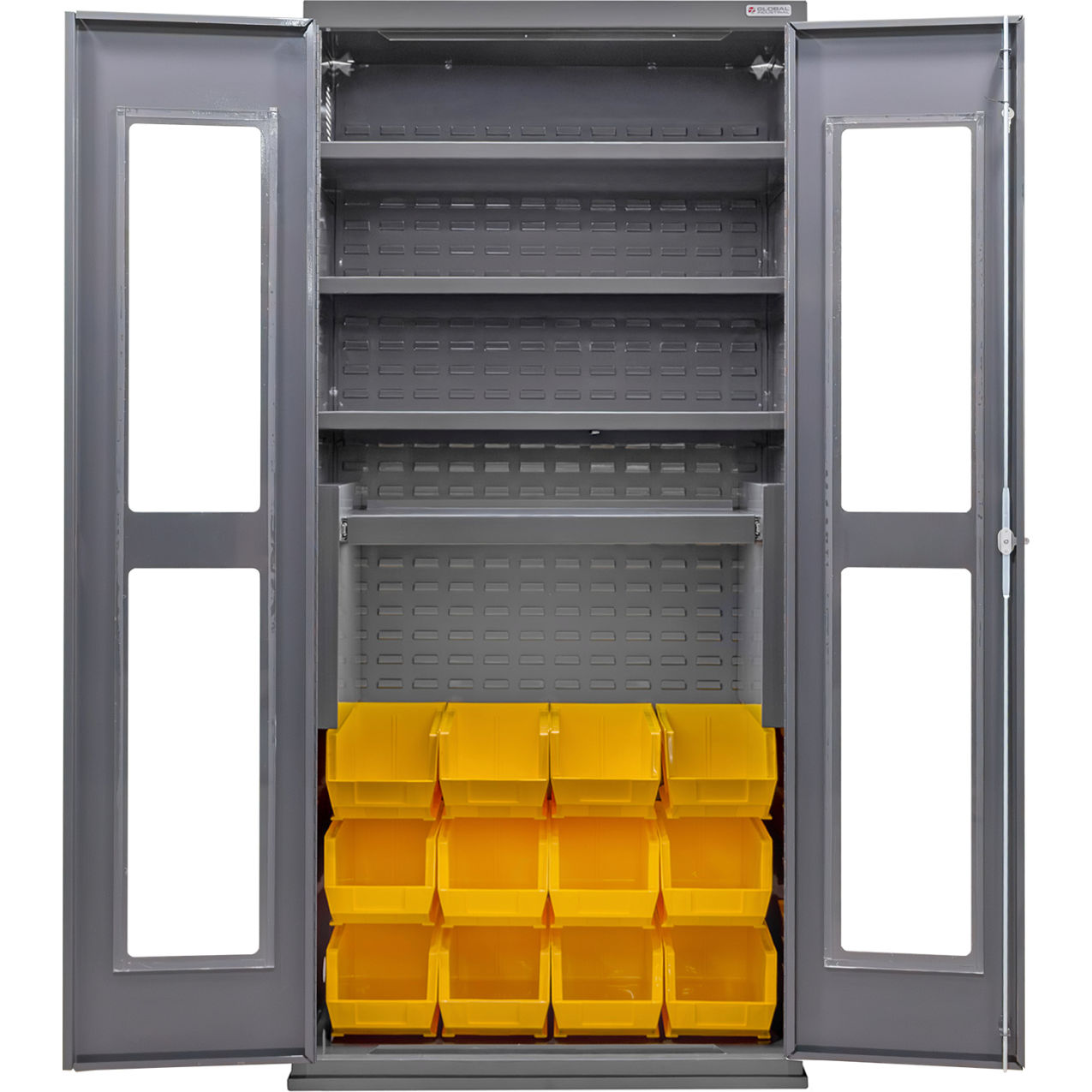 Clear-View Configurable Bin Cabinet, 36"Wx24"Dx78"H, 4 Shelves, 12 Yellow Bins