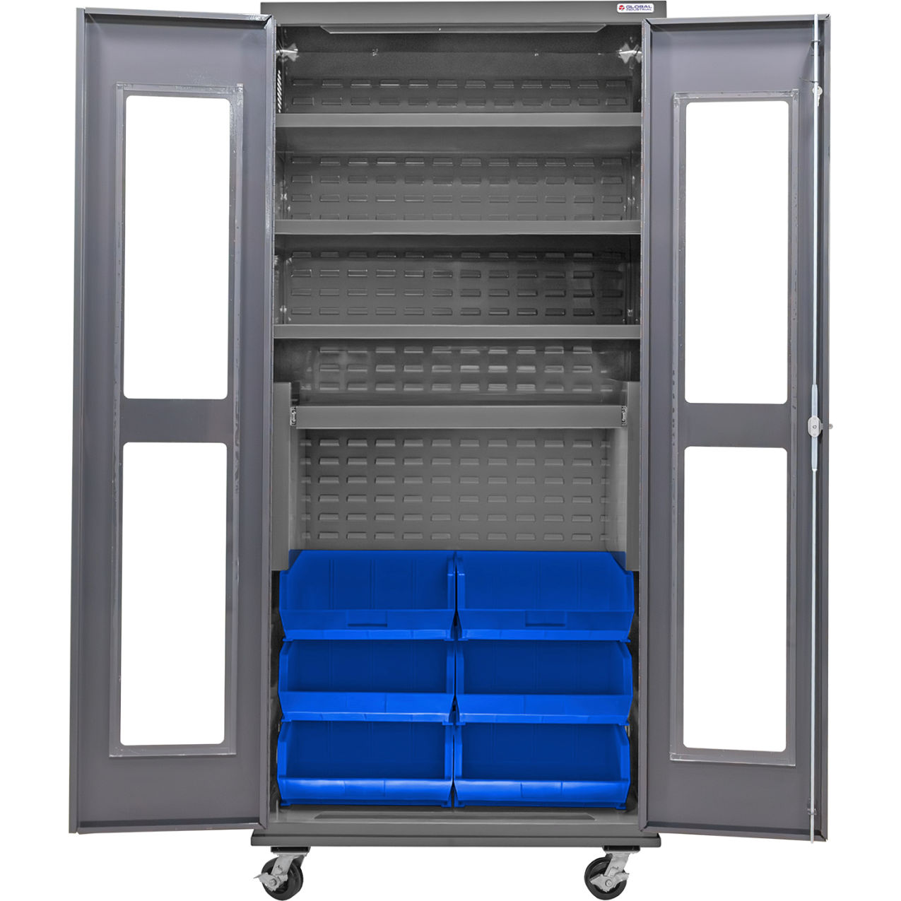 Clear-View Configurable Mobile Bin Cabinet, 36x24x85, 4 Shelves, 6 Blue Bins