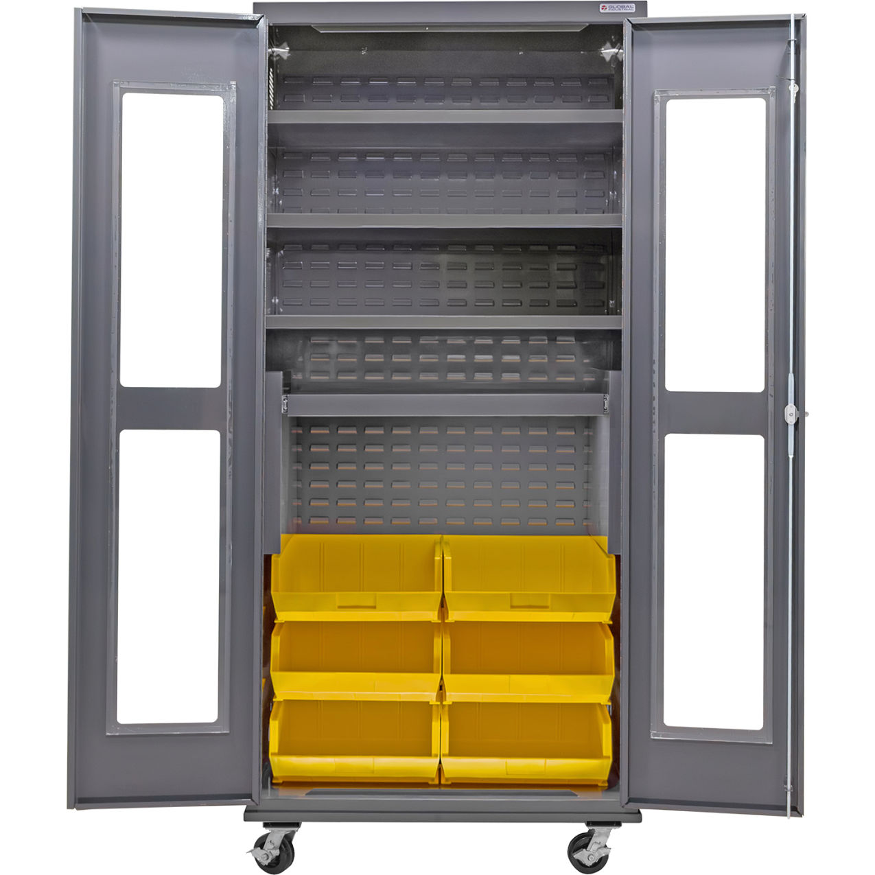 Clear-View Configurable Mobile Bin Cabinet, 36"x24"x85", 4 Shelves, 6 Yellow Bins