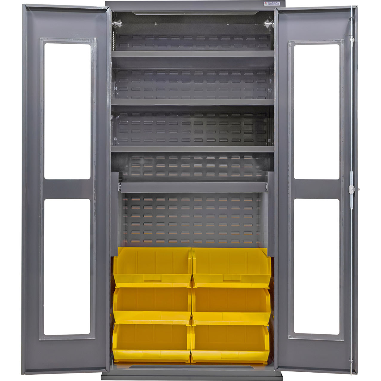 Clear-View Configurable Bin Cabinet, 36"Wx24"Dx78"H, 4 Shelves, 6 Yellow Bins