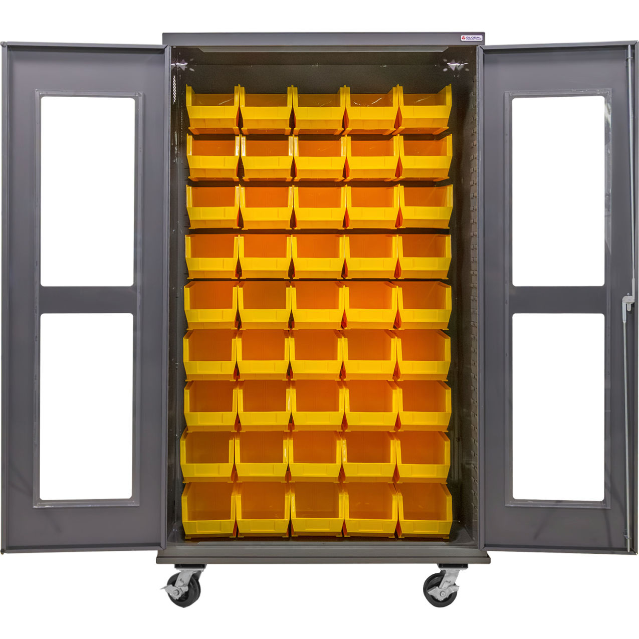 Clear-View Configurable Mobile Bin Cabinet, 48"W x 24"D x 85"H, 48 Yellow Bins