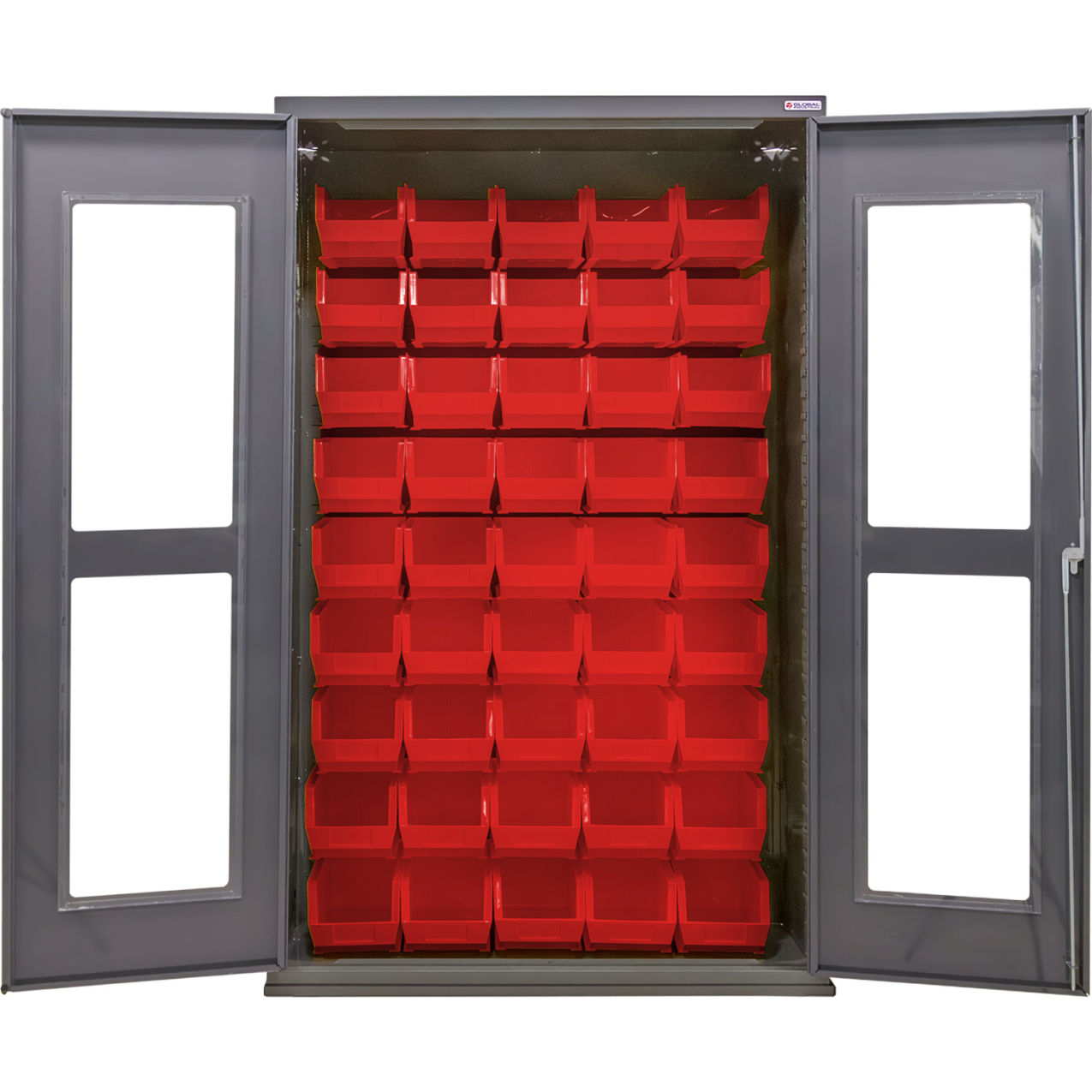 Clear-View Configurable Bin Cabinet, 48"W x 24"D x 78"H, 48 Red Bins