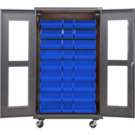 Clear-View Configurable Mobile Bin Cabinet, 48"W x 24"D x 85"H, 30 Blue Bins