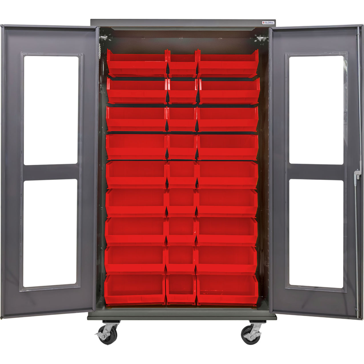 Clear-View Configurable Mobile Bin Cabinet, 48"W x 24"D x 85"H, 30 Red Bins