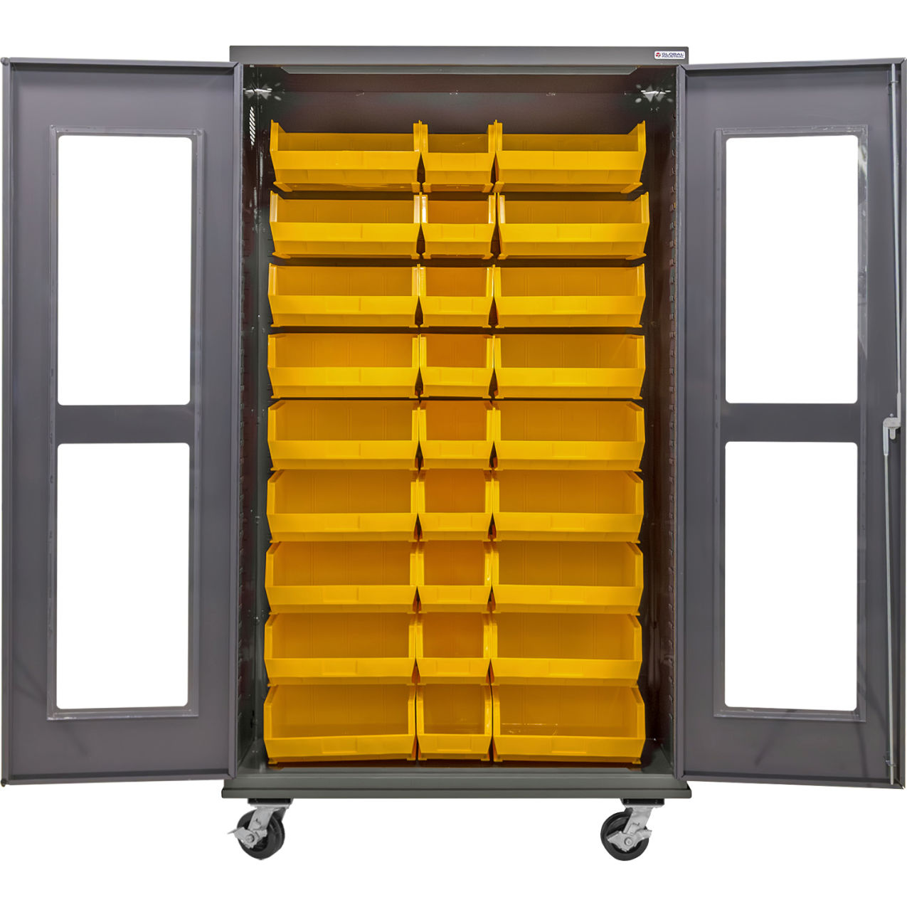 Clear-View Configurable Mobile Bin Cabinet, 48"W x 24"D x 85"H, 30 Yellow Bins