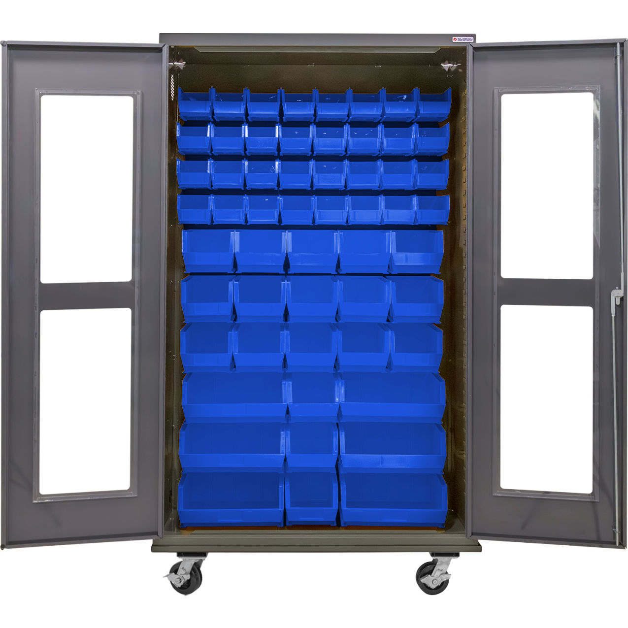 Clear-View Configurable Mobile Bin Cabinet, 48"W x 24"D x 85"H, 66 Blue Bins