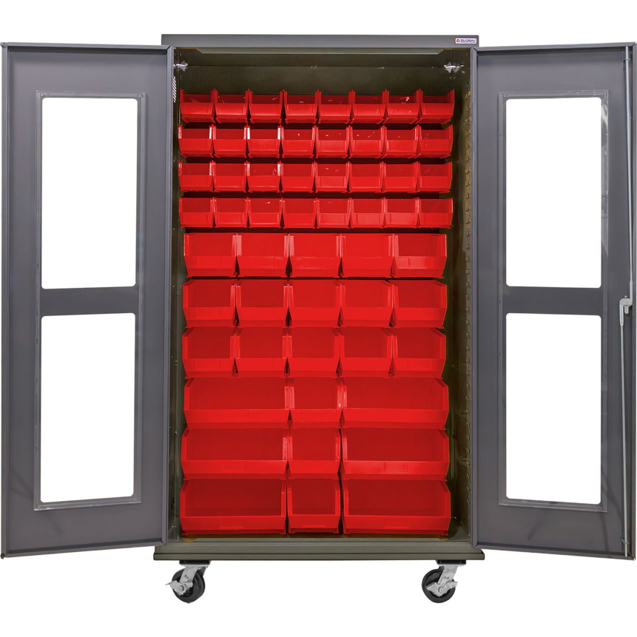 Clear-View Configurable Mobile Bin Cabinet, 48"W x 24"D x 85"H, 66 Red Bins