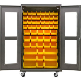 Clear-View Configurable Mobile Bin Cabinet, 48"W x 24"D x 85"H, 66 Yellow Bins