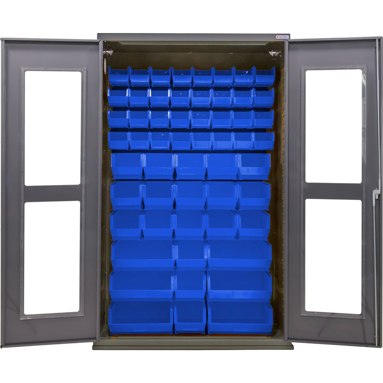 Clear-View Configurable Bin Cabinet, 48"W x 24"D x 78"H, 66 Blue Bins