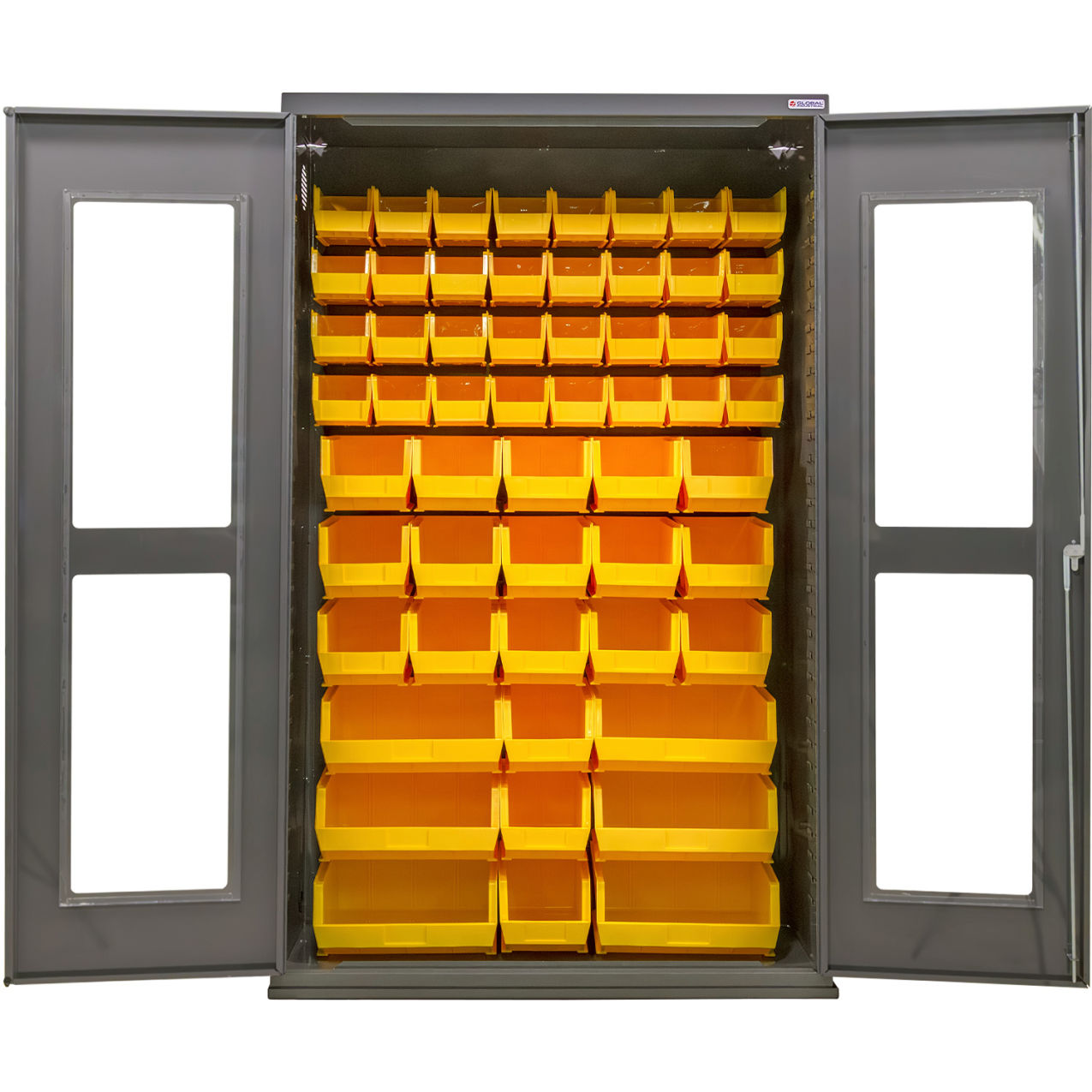Clear-View Configurable Bin Cabinet, 48"W x 24"D x 78"H, 66 Yellow Bins