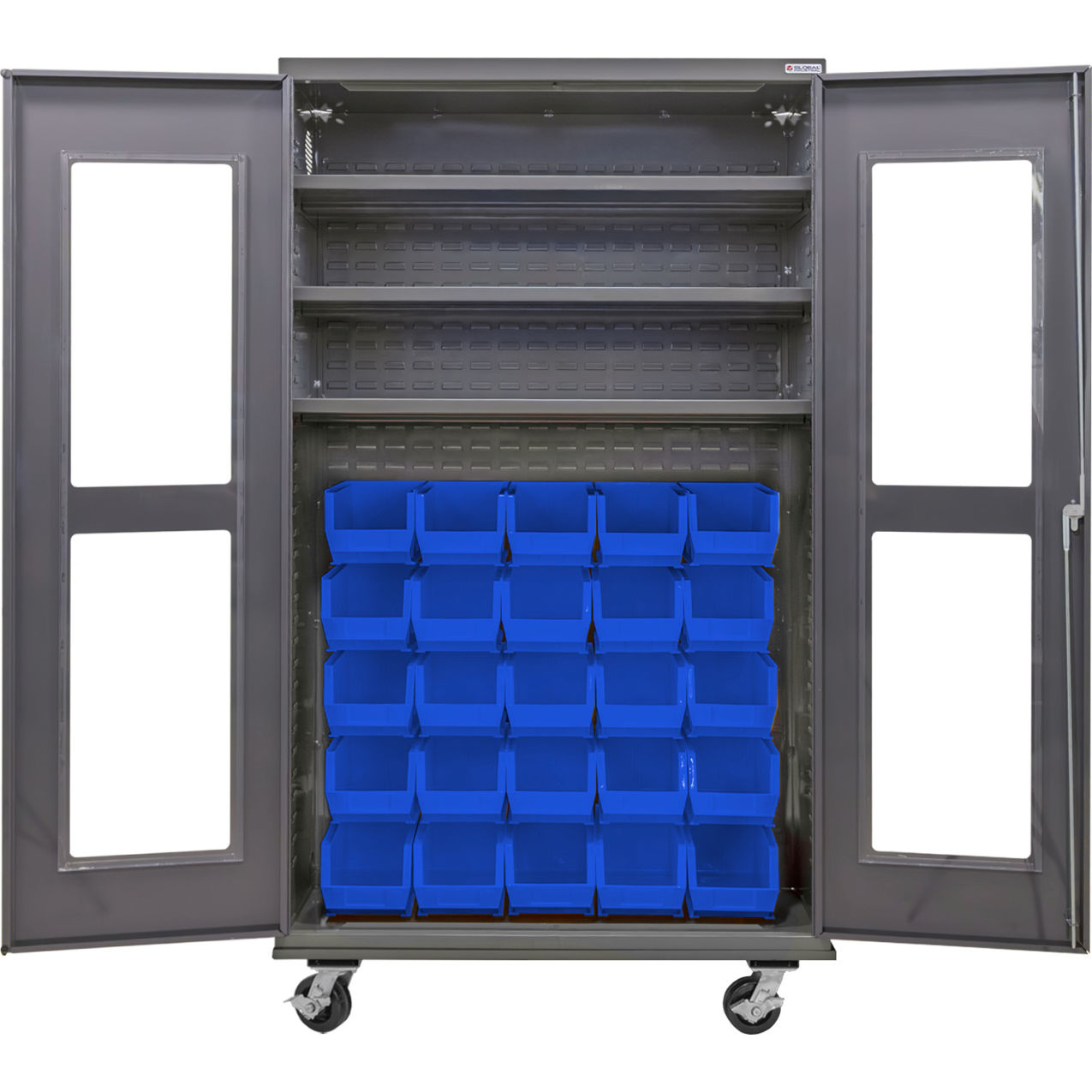 Clear-View Configurable Mobile Bin Cabinet, 48"x24"x85", 3 Shelves, 36 Blue Bins