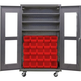 Clear-View Configurable Mobile Bin Cabinet, 48"x24"x85", 3 Shelves, 36 Red Bins