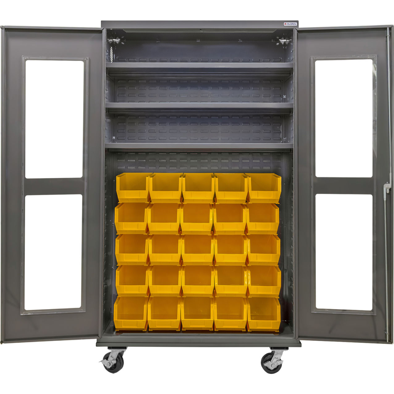Clear-View Configurable Mobile Bin Cabinet, 48"x24"x85", 3 Shelves, 36 YLW Bins