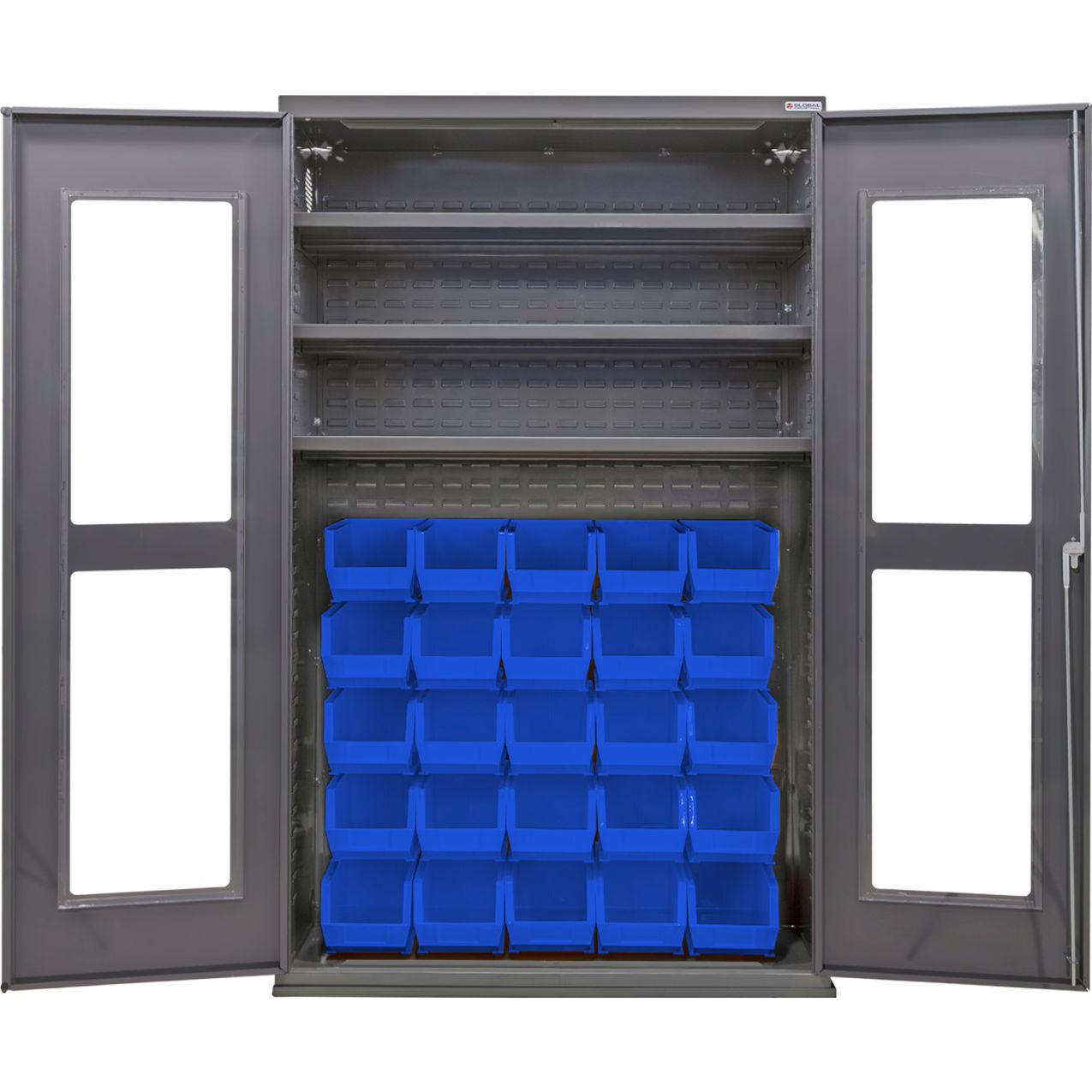 Clear-View Configurable Bin Cabinet, 48"Wx24"Dx78"H, 3 Shelves, 36 Blue Bins