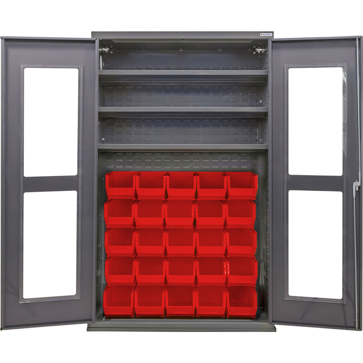 Clear-View Configurable Bin Cabinet, 48"Wx24"Dx78"H, 3 Shelves, 36 Red Bins