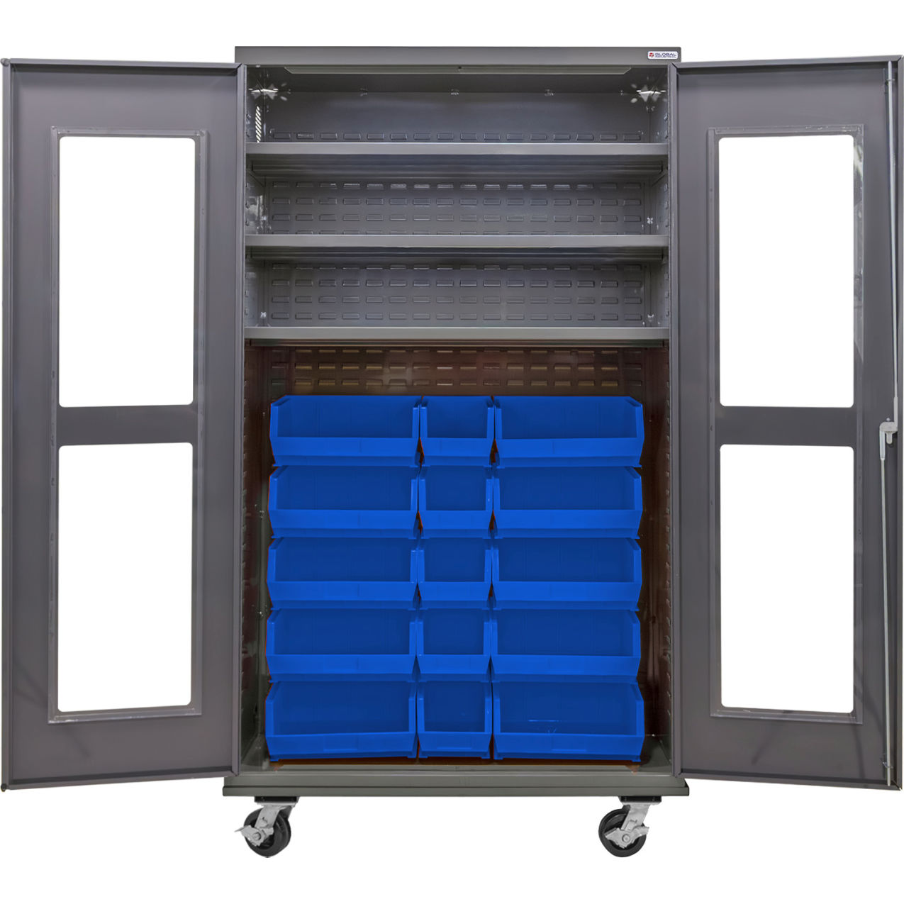 Clear-View Configurable Mobile Bin Cabinet, 48x24x85, 3 Shelves, 24 Blue Bins