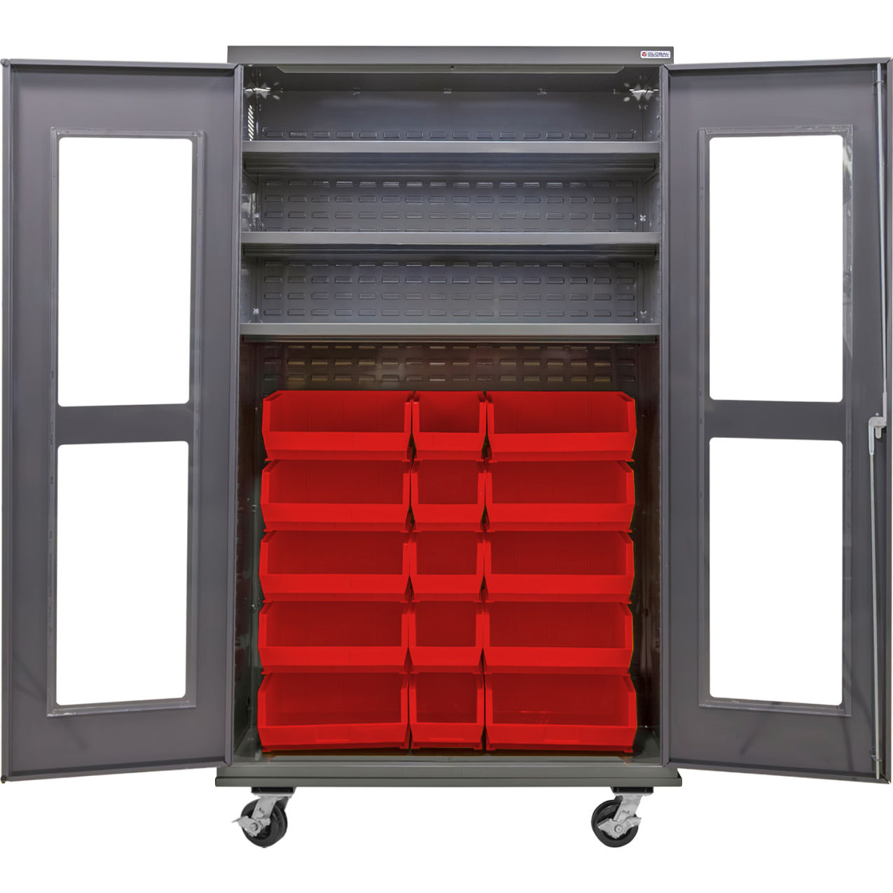 Clear-View Configurable Mobile Bin Cabinet, 48x24x85, 3 Shelves, 24 Red Bins