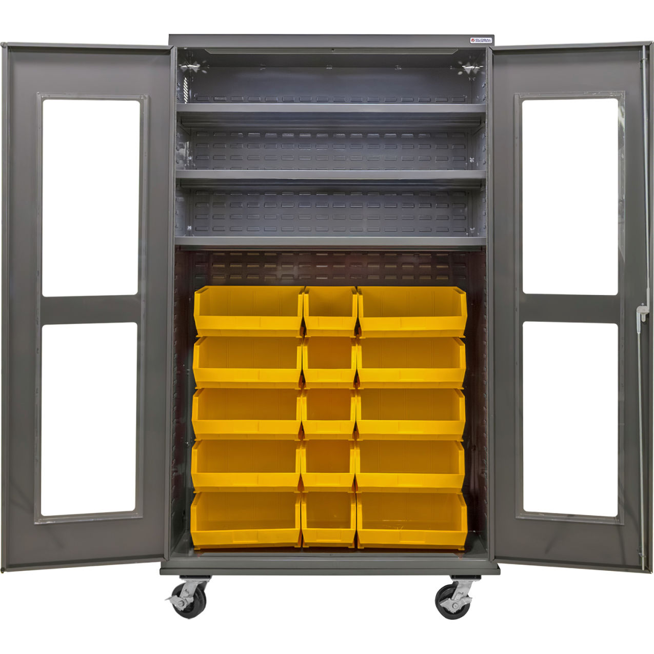 Clear-View Configurable Mobile Bin Cabinet, 48x24x85, 3 Shelves, 24 Yellow Bins