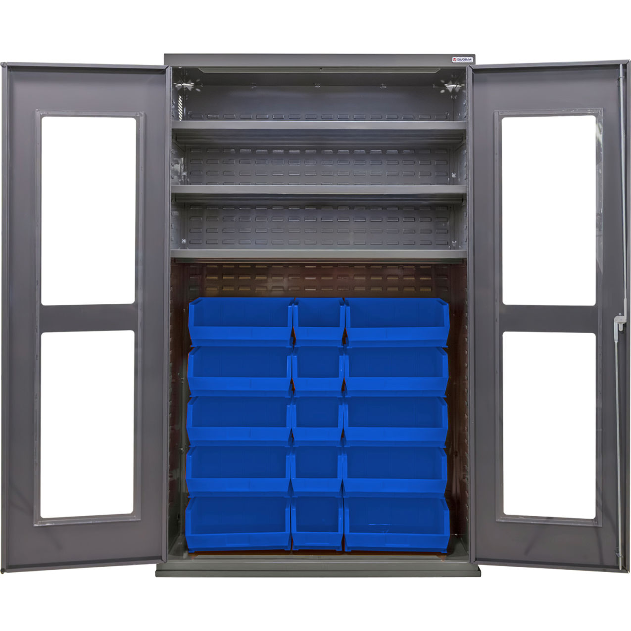 Clear-View Configurable Bin Cabinet, 48"Wx24"Dx78"H, 3 Shelves, 24 Blue Bins