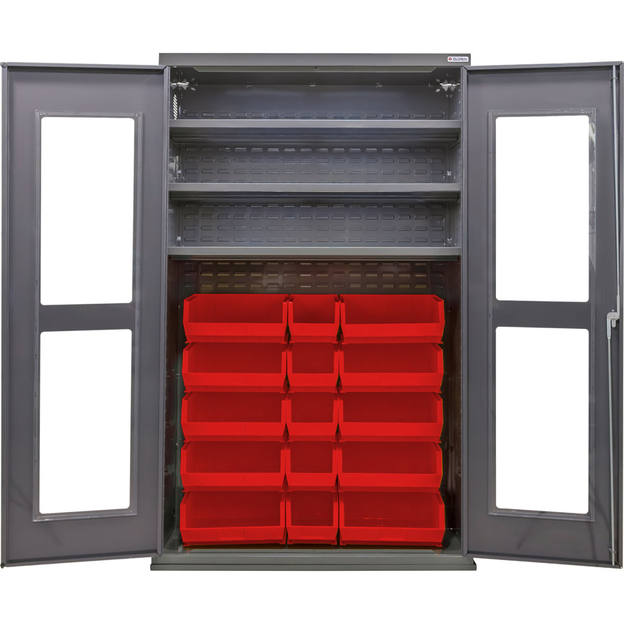 Clear-View Configurable Bin Cabinet, 48"Wx24"Dx78"H, 3 Shelves, 24 Red Bins