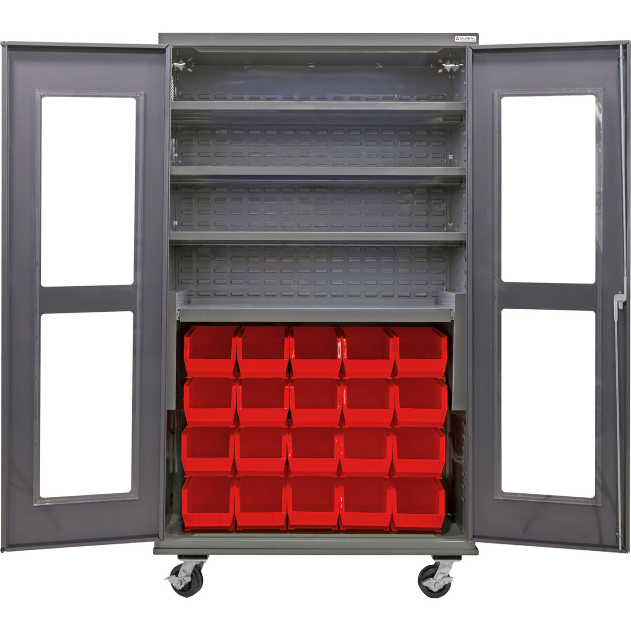 Clear-View Configurable Mobile Bin Cabinet, 48"x24"x85", 4 Shelves, 24 Red Bins