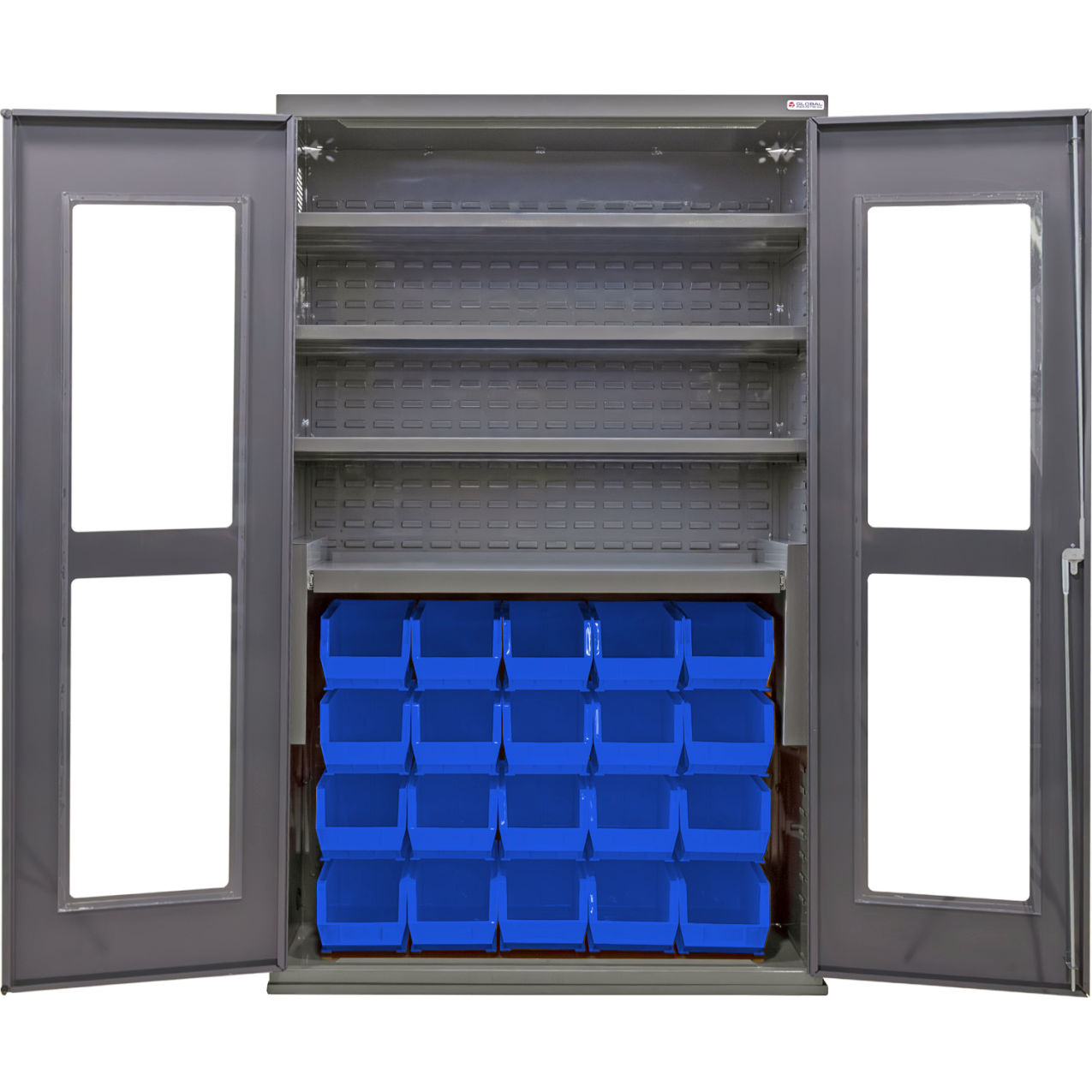 Clear-View Configurable Bin Cabinet, 48"Wx24"Dx78"H, 4 Shelves, 24 Blue Bins