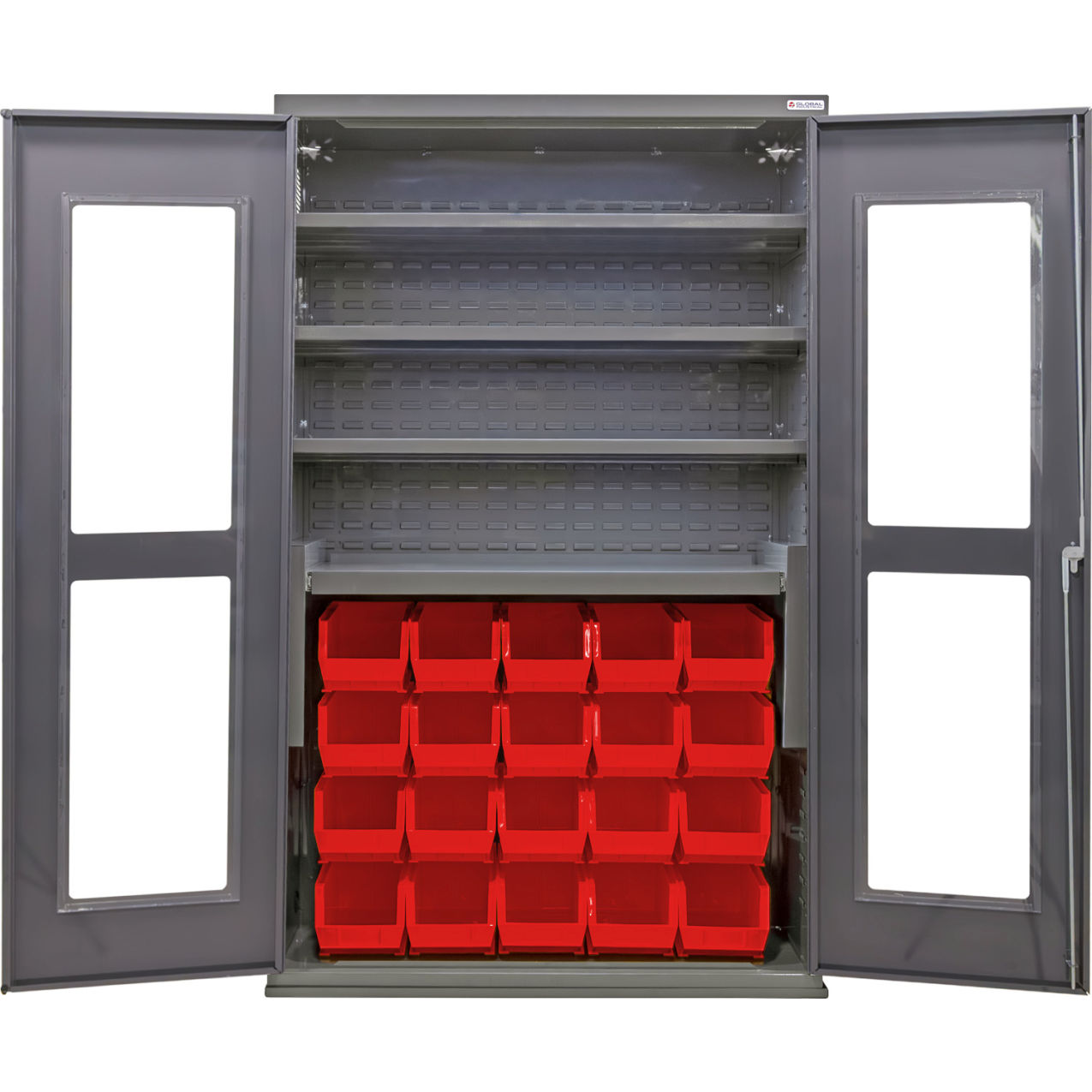 Clear-View Configurable Bin Cabinet, 48"Wx24"Dx78"H, 4 Shelves, 24 Red Bins