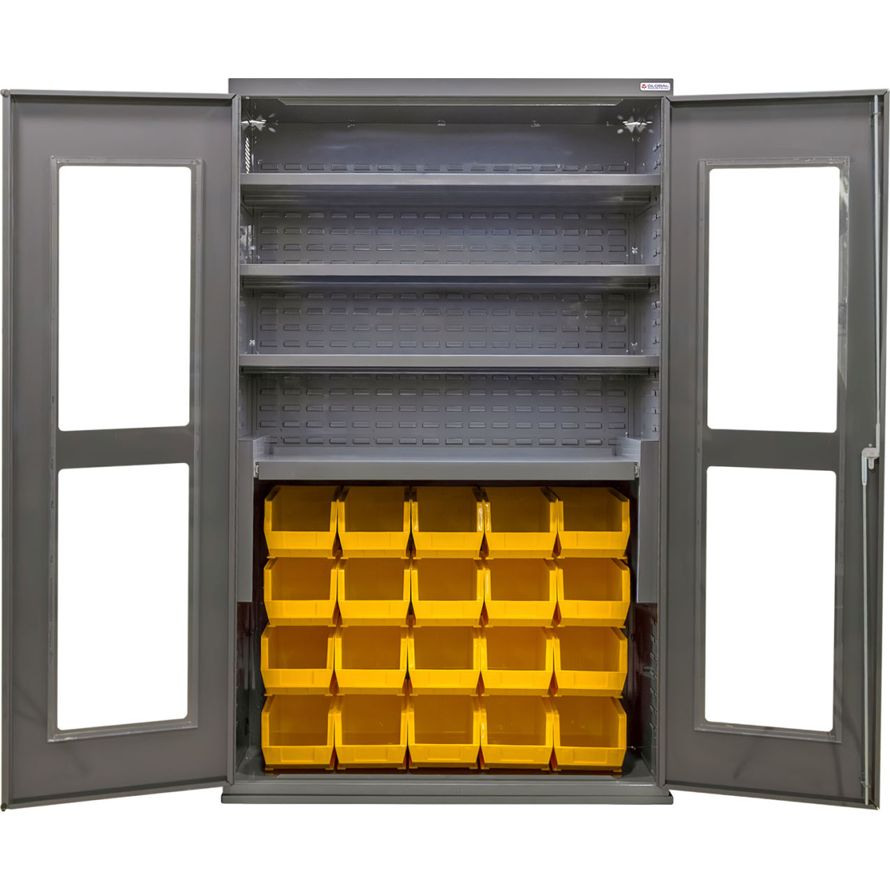 Clear-View Configurable Bin Cabinet, 48"Wx24"Dx78"H, 4 Shelves, 24 Yellow Bins