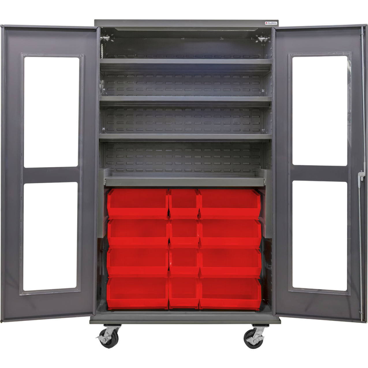 Clear-View Configurable Mobile Bin Cabinet, 48x24x85, 4 Shelves, 24 Red Bins