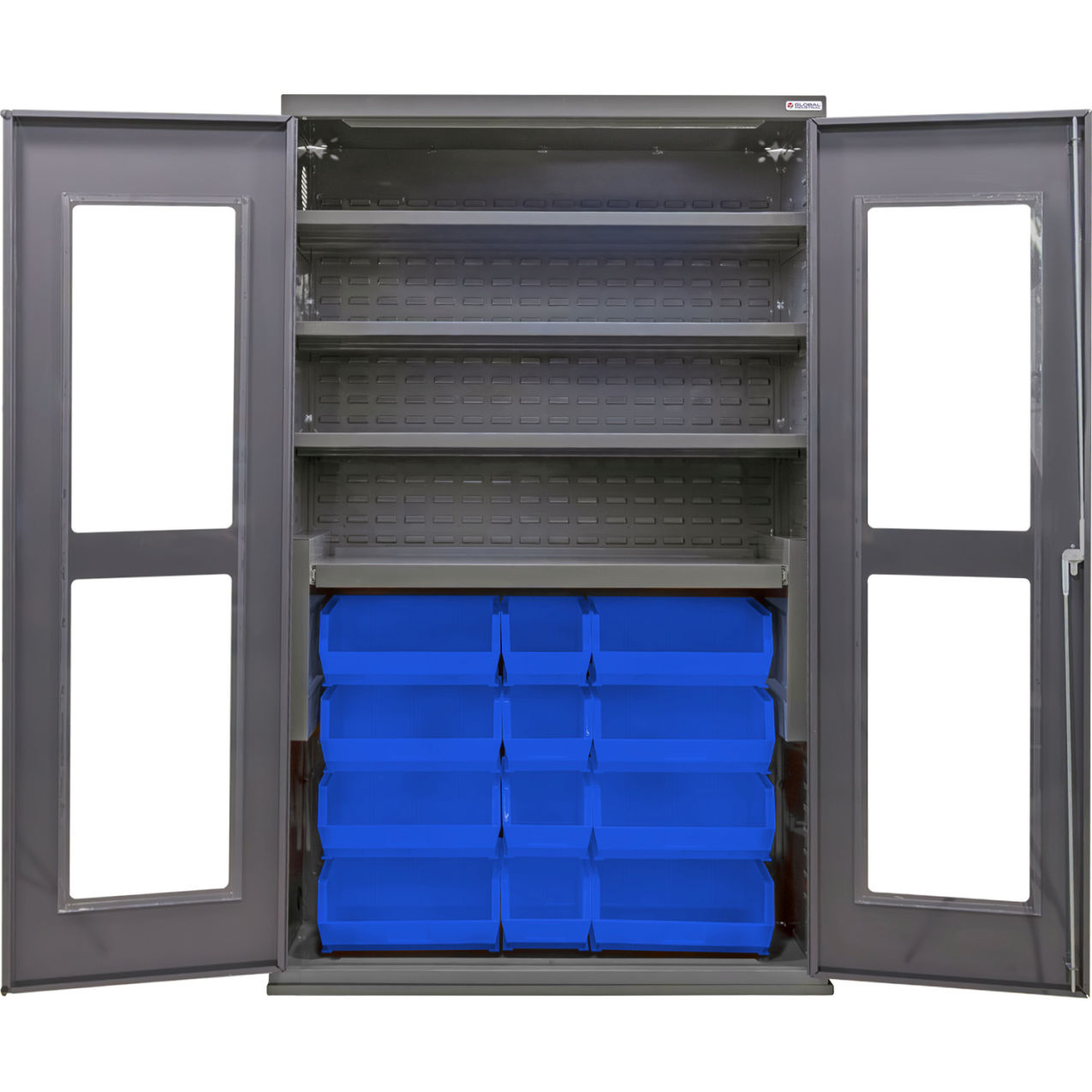 Clear-View Configurable Bin Cabinet, 48"Wx24"Dx78"H, 4 Shelves, 24 Blue Bins