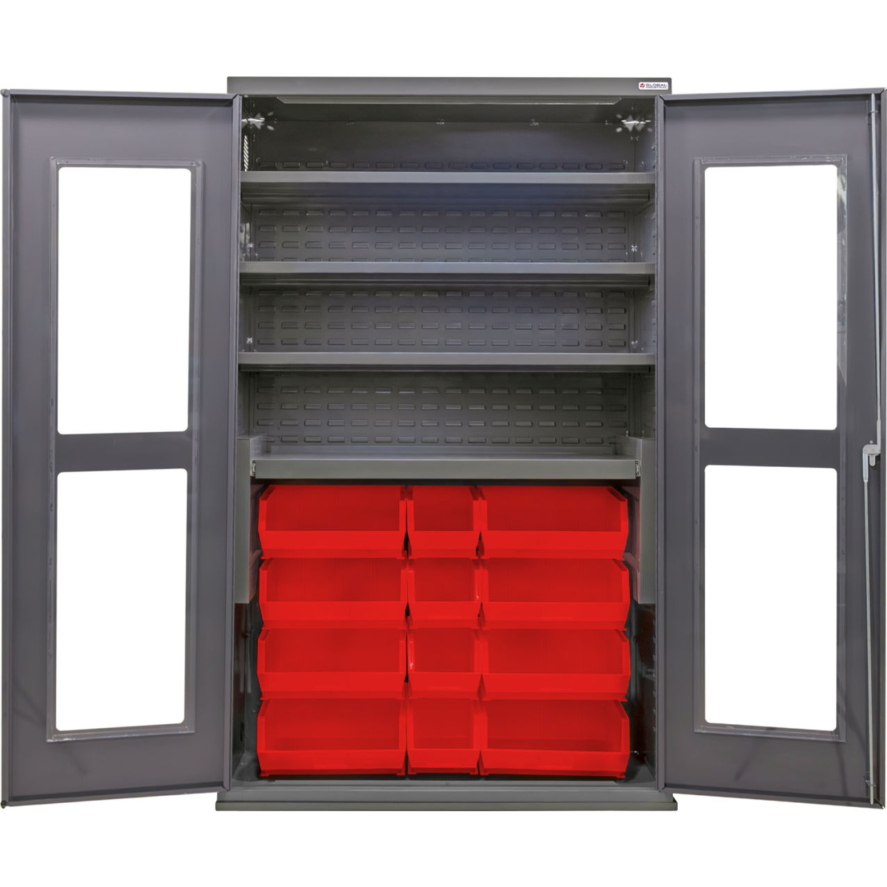 Clear-View Configurable Bin Cabinet, 48"Wx24"Dx78"H, 4 Shelves, 24 Red Bins
