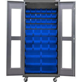 Clear-View Configurable Mobile Charging Cabinet, 36"W x 24"D x 85"H, 66 Blue Bins