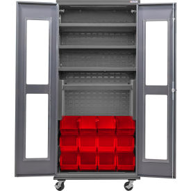 Clear-View Configurable Mobile Charging Cabinet, 36x24x85, 4 Shelves, 12 Red Bins