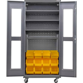 Clear-View Configurable Mobile Charging Cabinet, 36x24x85, 4 Shelves, 12 YLW Bins