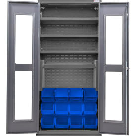 Clear-View Configurable Charging Cabinet, 36x24x78, 4 Shelves, 12 Blue Bins