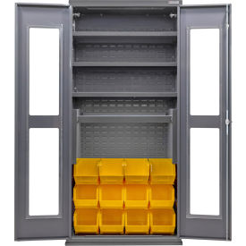 Clear-View Configurable Charging Cabinet, 36"Wx24"Dx78"H, 4 Shelves, 12 YLW Bins