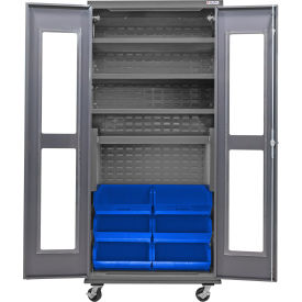 Clear-View Configurable Mobile Charging Cabinet, 36"Wx24"Dx85"H, 6 Blue Bins