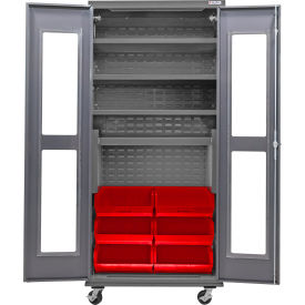 Clear-View Configurable Mobile Charging Cabinet, 36"Wx24"Dx85"H, 6 Red Bins