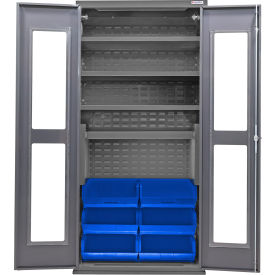 Clear-View Configurable Charging Cabinet, 36"x24"x78", 4 Shelves, 6 Blue Bins