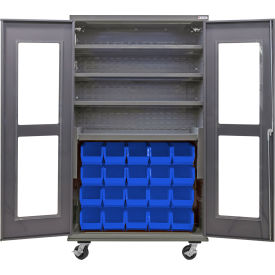 Clear-View Configurable Mobile Charging Cabinet, 48x24x85, 4 Shelves, 24 BL Bins