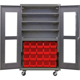 Clear-View Configurable Mobile Charging Cabinet, 48x24x85, 4 Shelves, 24 Red Bins